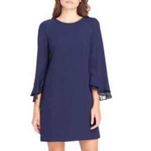 Tahari Lace Trim Bell-Sleeve Shift Dress Navy